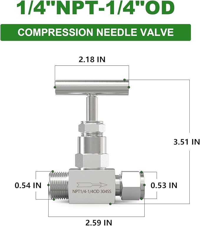 TAISHER 1PCS 304 Stainless Steel High Pressure Straight Needle Valve 1/4" NPT Male x 1/4" Tube OD For Flow Control Water Gas Oil