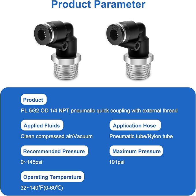 10 Pcs Push to Connect Fittings 5/32 Inch Tube OD x 1/4 Inch NPT Thread Pneumatic Male Elbow Quick Connect Air line fittings
