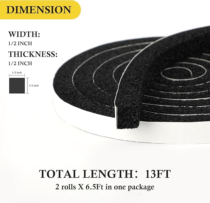 fowong Low Density AC Foam Weather Stripping -1/2" W X 1/2" T, Window Seal Strip High Resilience, Door Insulation Tape, 2 Rolls X 6.5 Ft Each