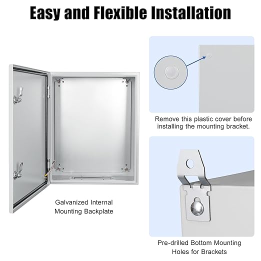 LeMotech Electrical Box 20 x 16 x 8 inch Steel Enclosure, IP66 Waterproof Dustproof Junction Box Wall-Mounted for Outdoor/Indoor Lockable with Equipment Mounting Plate