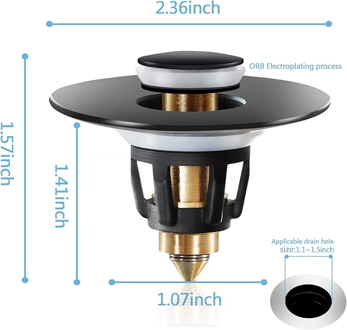 Black Bathroom Sink Stopper，Pop Up Drain Stopper for Bathroom Sink，Bathroom Sink Strainer ，Sink Plug,Universal Wash Basin Sink Stopper，Suitable for 1.1~1.5 Inch Bathroom Sink Drain Pipe (Matte Black)
