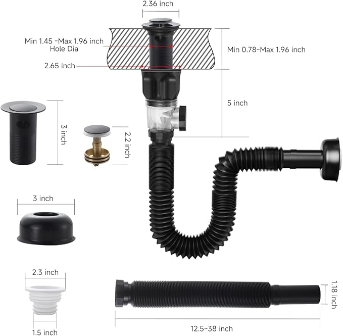 Bathroom Sink P trap with Overflow Drain - TSIBOMU Flexible Sink Drain Pipe for Basin drain replacement,Fits 1-1/4",1-1/2"and 2" Holes,Matte Black