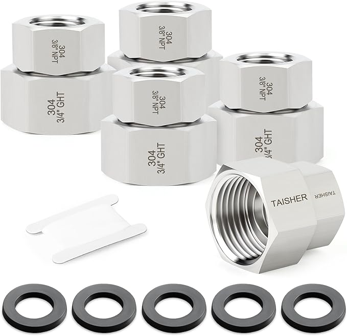 TAISHER 5PCS 304 Stainless Steel Garden Hose Adapter, 3/4" GHT Female x 3/8" NPT Female Garden Hose Connector with Washers