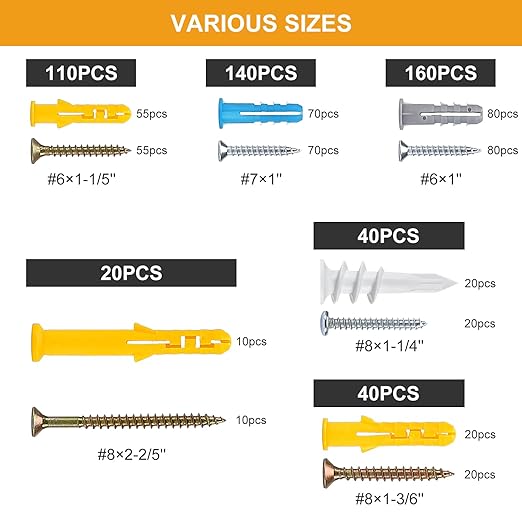 Drywall Anchors and Screws Assortment Kit，510Pcs Wall Hanging Kit with Anchors and Screws, Wall Anchors for Drywall,Anchors Wall Hanging Kit 6 Sizes Picture Hangers,Picture Hanging Kit for Decor Art
