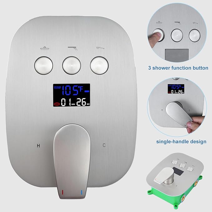 3 Way Shower Mixer Valve Kit Brushed Nickel Solid Brass Digital Display Temperature Control Pressure Balancing Mixer Shower Diverter Valve Kit Replacement