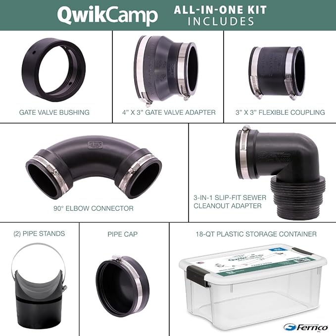 Fernco QwikCamp RV and Camper Sewer Waste Plumbing Connection System Kit with Slip Fit Coupling Adapter for 3-in. PVC Pipe and Pipe Stands in Black