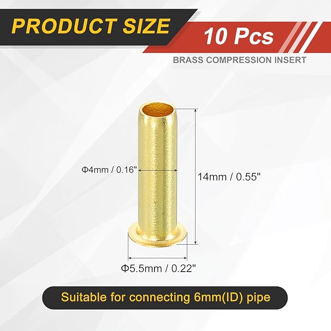 uxcell 10Pcs Fit for 4mm(3/16") Tube ID Brass Compression Fitting, Insert Tube Support Compression Sleeve Fitting, Sleeve Ferrules for Water Oil Air Pipe