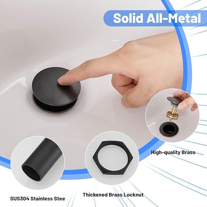 BWE One-Piece Bathroom Vessel Sink Drain Stopper Without Overflow Pop-Up Drain Assembly with Strainer for Bathroom Vessel Vanity Faucet Bathroom Solid Brass Oil Rubbed Bronze