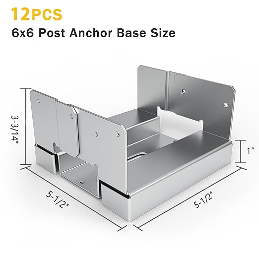 12 PCS 6x6 Post Anchor Base Adjustable Wood Post Brackets, Metal Post Base Holder for Concrete for Deck Patio/Gazebo/Pergola,Adjustable Galvanized Post Bracket, YTM356012