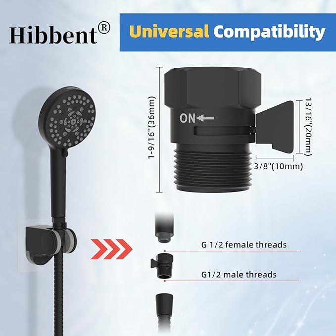 Hibbent All Metal 3 Pack Shower Head Flow Control Valve, G1/2 Brass Shut-off Valve with Metal Handle Lever, Shut OFF Water Flow Control Regulator for Handheld Shower, or Bidet Sprayer, Matte Black
