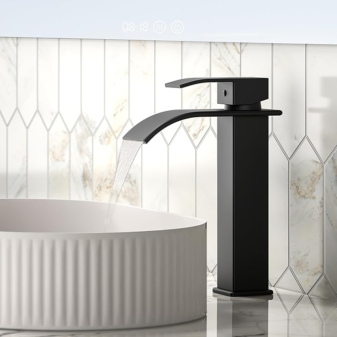 Rywuanku Matte Black Bathroom Faucet Waterfall Spout, Single Handle Sink Faucet with Pop-up Drain & Deck Plate, Modern 1 Hole Vanity Faucet for Vessel Sink