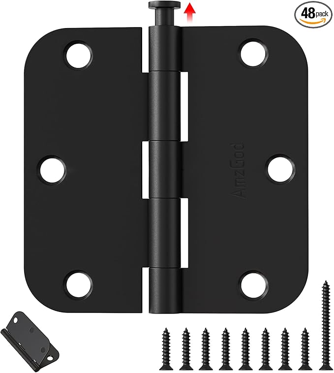 Black Door Hinges - 48 Pack 3.5 Inch Rounded with 5/8" Radius Matte Black Door Hinges for Interior and Exterior Doors - Heavy Duty 3 1/2" Residential Door Hardware