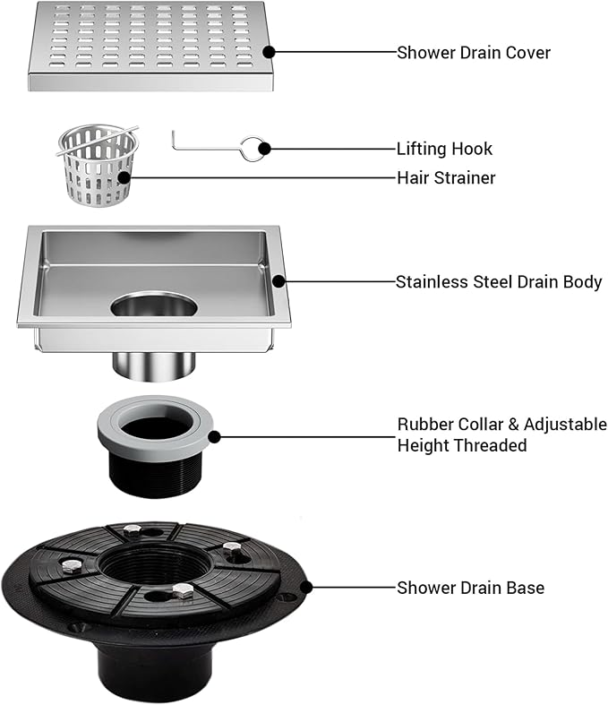 6 Inch Square Shower Floor Drain, Shower Drain Kit with Flange, Square Shower Drain, SUS 304 Stainless Steel Floor Drain,Silver