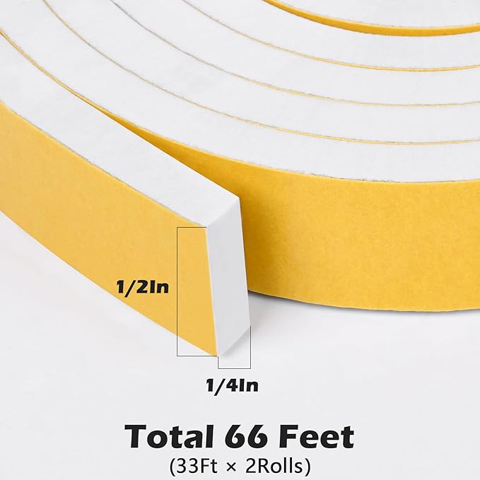 ToLanbbt White Door Window Weather Stripping Self Adhesive Foam Tape High Density Foam Sealing Strip Window Insulation Weatherproof Gasket Tape 1/2" Wide X 1/4" Thick, 33 Ft X 2 Rolls, Total 66 Feet