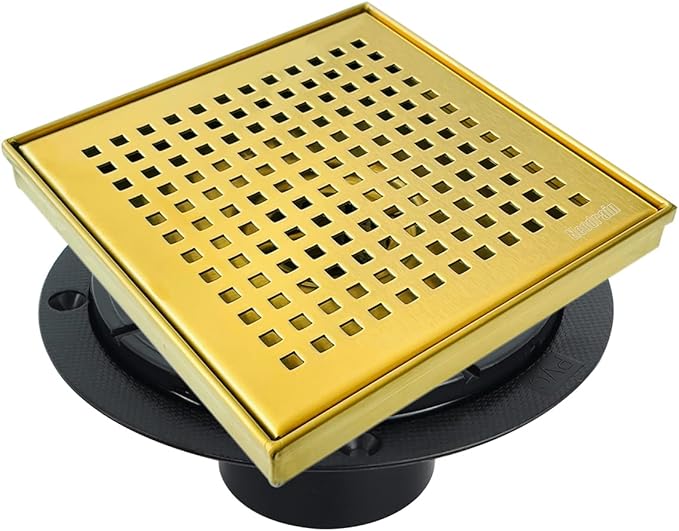 Neodrain 6 in Brushed Brass Square Shower Drain with Removable Quadrato Pattern Grate, PVC Shower Drain Base and Rubber Gasket, Gold 6" Square Drain with CUPC Certified, Golden Hair Strainer