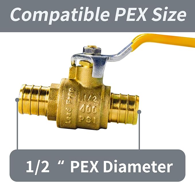 AB (5 Pack) 1/2 Inch X 1/2 Inch Full Port PEX Ball Valve, Brass Water Shut Off Valve with 10 Pcs Stainless Steel Cinch Crimp Rings, UPC Certified
