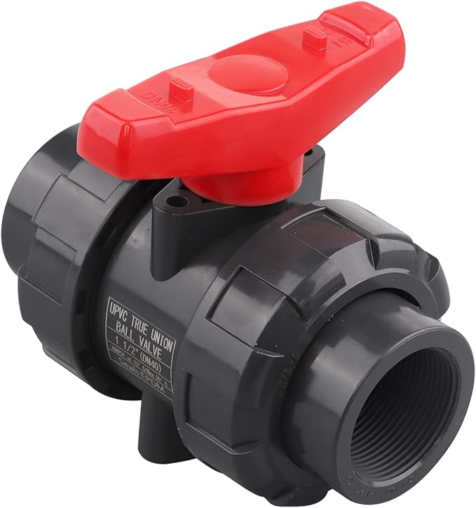 DERNORD PVC True Union Ball Valve NPT Threaded with Full Port, EPDM O-Rings, and Reversible PTFE Seats, Rated at 200 PSI (1.5 Inch NPT Threaded)