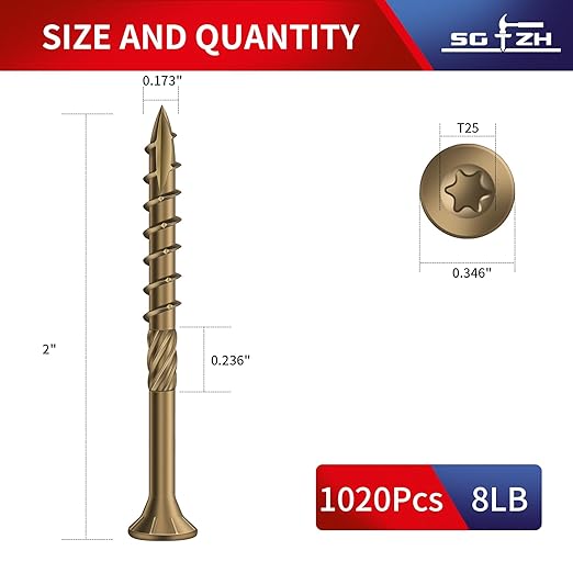 #8 x 2 Inch Deck Screws (1020Pcs) 8lb. Carbon Steel, Yellow, Flat Head, Rust Resistant epoxy Coated, with T25 Star Bit