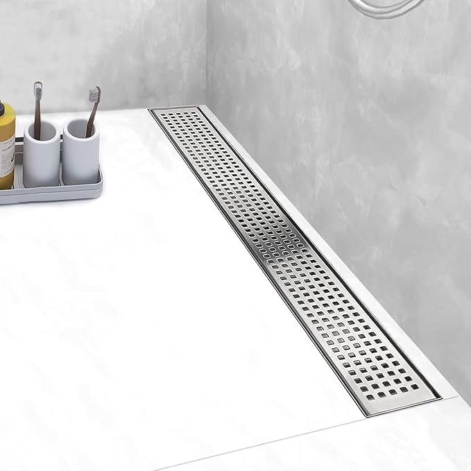 Linear Shower Drain, Drain 18 inch with Removable Grate Cover, Professional AISI 304 Stainless Steel Shower Floor Drain, Shower Drain with Hair Catcher and Leveling Feet