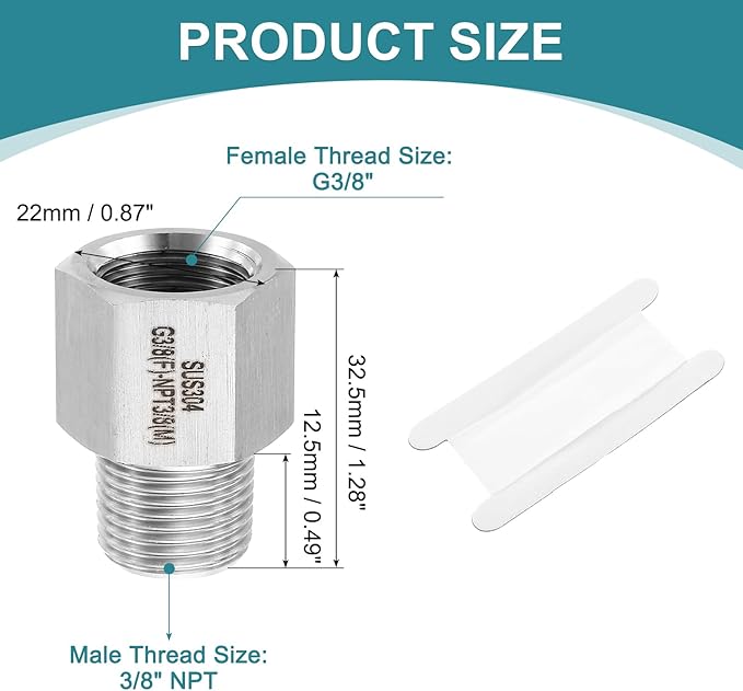 uxcell Pipe Fitting Reducing Adapter, 3/8" NPT Male x G3/8" Female 304 Stainless Steel Reducer Connector for Water Oil Air Pressure Gauge, Silver
