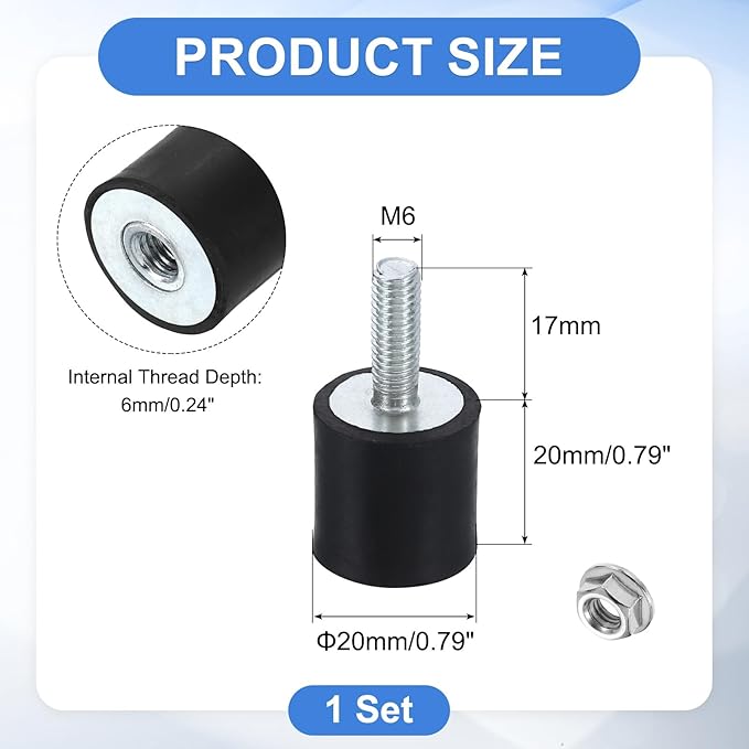 uxcell M6 Rubber Mounts, 1Pcs 20x20mm(DxH) Rubber Cylindrical Anti Vibration Isolator Shock Absorber with Lock Nut for Car Bobbin Generator Air Compressors