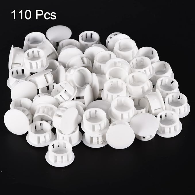 uxcell 5/8" Plastic Hole Plugs, 110Pcs Flush Type Panel Round Snap in Fastener Knockout Locking Plugs for Furniture Insert End Caps Panels, White