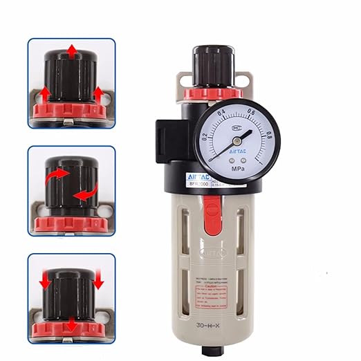 Compressed Air Pressure Filter Regulator Airtac BFR2000 1/4'' NPT 0-140 PSI Combo Piggybac Adjustable,Bracket,Gauge Semi-Auto Drain