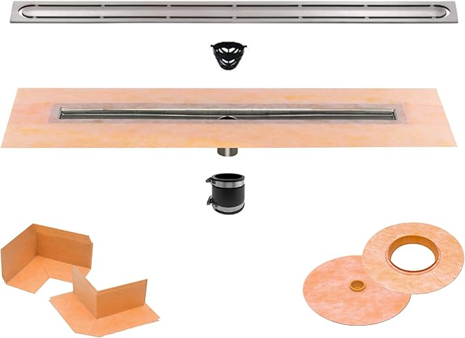 All-in-one Waterproof Linear Shower Drain Kit with 44 Inch Center Outlet Channel Body (KL1V60E110) and Drain Grate Assembly (Cover) in Pure Design with Brushed Stainless Steel Finish (KL1IFG23EB110)