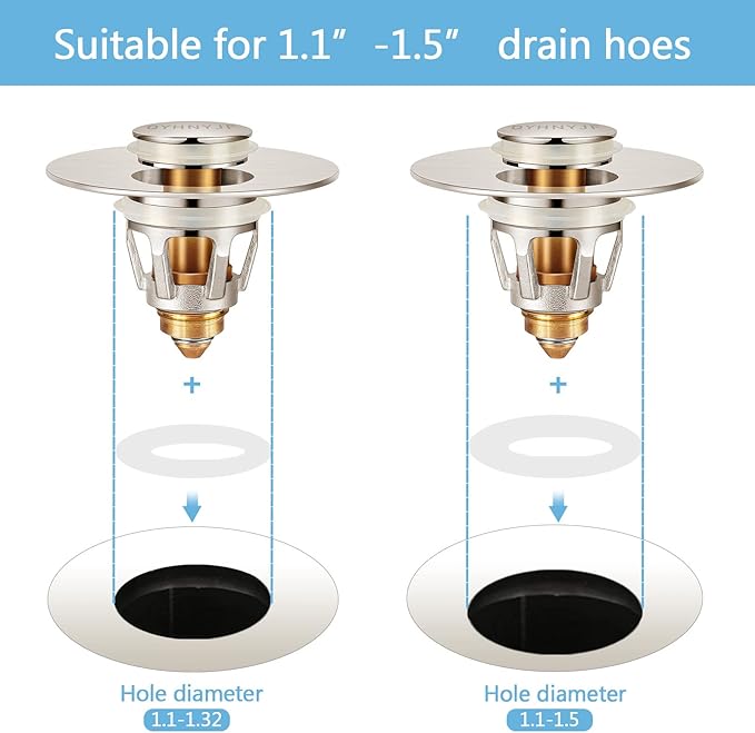 Bathroom Sink Stoppers Brushed Nickel，Pop Up Drain Stopper for Bathroom Sink，‎2-in-1 Sink Stopper & Strainer,Universal Wash Basin Sink Stopper，for 1.1"~1.5" Bathroom Sink Drain Pipe（Brushed Nickel）