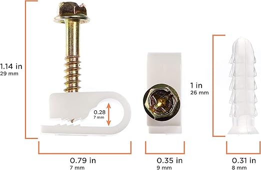 THE CIMPLE CO Ribbed Plastic Conical Anchors and White Cable Screw Clips - for Concrete, Stucco, Brick, Drywall, and Similar - Kit of 100 Screw Clips, and 100 Anchors
