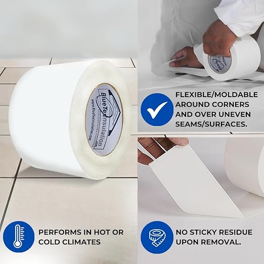 BlueTex Insulationㅤ 4'' Wide x 180' Long White Vapor Barrier Tape - 12 Rolls, Waterproofing for Stucco, Crawlspaces, Repair, Underlayment Seams, Metal Building Seams, Excellent Air Barrier