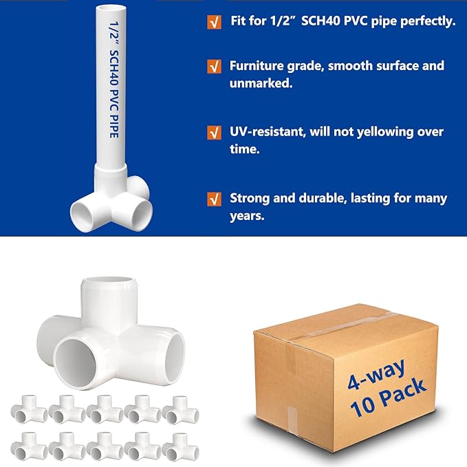 1/2" PVC Fittings 4 Way (10-Pack) Furniture Grade, Elbow Connector, Heavy Duty for DIY Furniture, Frames, UV Resistant - Compatible with 1/2" Schedule 40 PVC Pipes‌