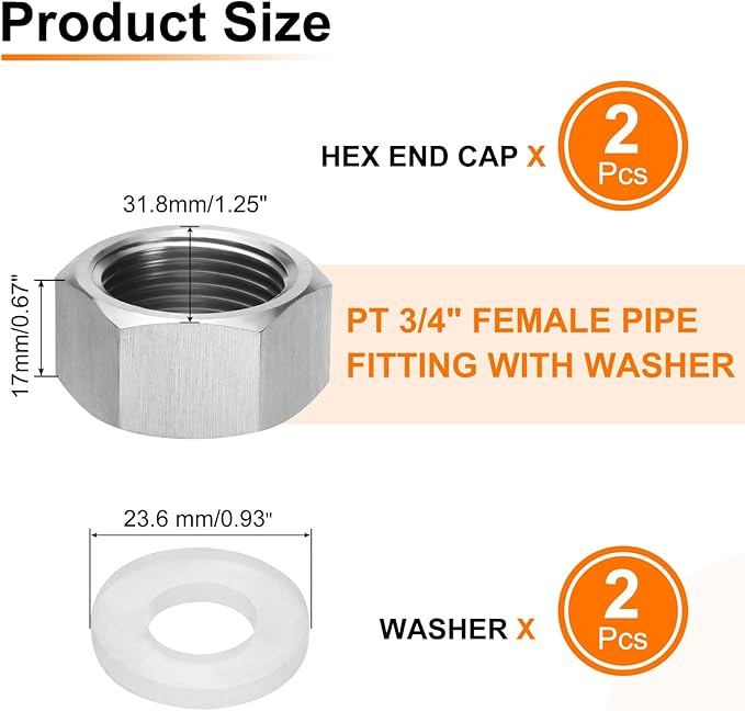 uxcell 2pcs Hex End Cap 304 Stainless Steel Nut with Washer, PT 3/4" Female Thread Pipe Fitting, Gas Line Water Line Stop Valve Cap Tubing Ends for Plumbing Fittings, Silver Tone
