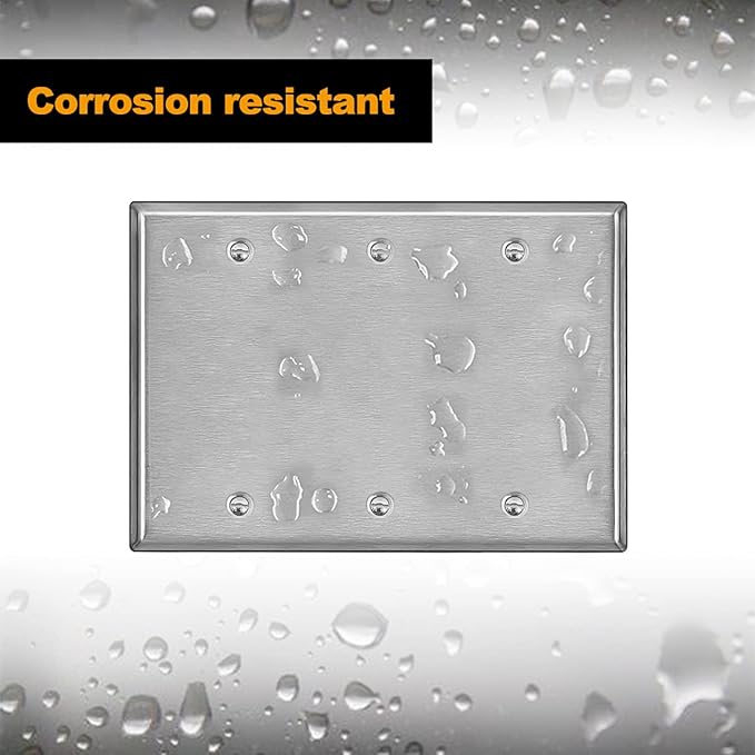 BESTTEN 3-Gang Blank Metal Wall Plate with Ｗhite or Clear Plastic Film, Corrosion-Resistant No Device Stainless Steel Outlet Cover, Standard Size, H4.53” x W6.38”, Brushed finish