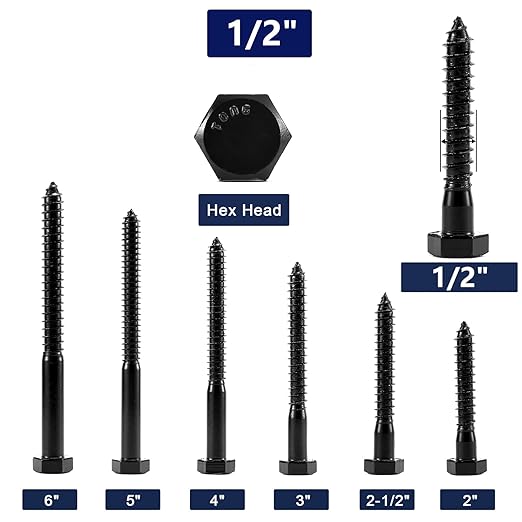 1/2" x 2-1/2" Hex Head Lag Screws Bolts 20Pcs 304 Stainless Steel 18-8, Partial Thread, Hexagon Head Wood Screws by Black Oxide by SG TZH