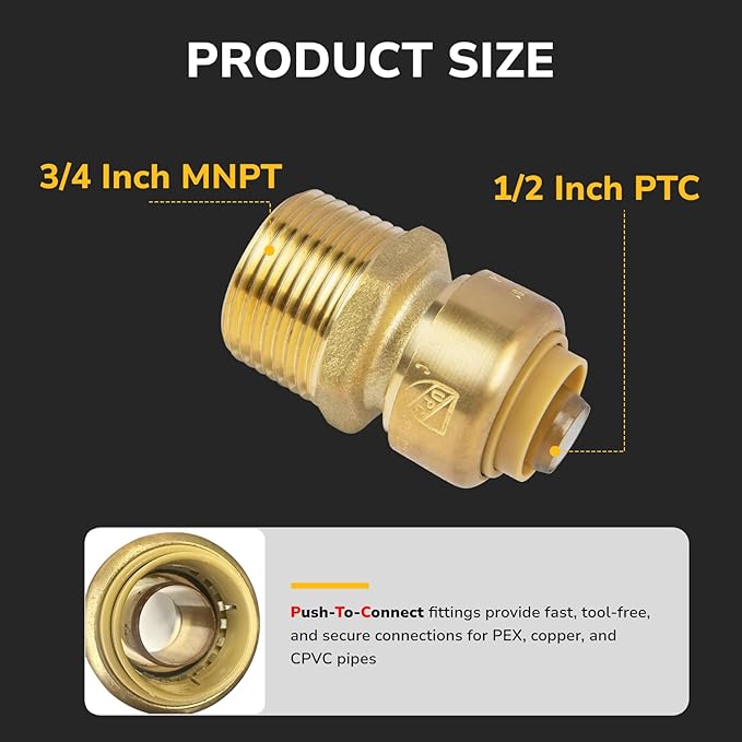1/2" PTC to 3/4" NPT Male Reducing Adapter Push-Fit, Push to Connect Brass Plumbing Fitting for Copper, CPVC, PEX Pipes, With Upgraded Stiffener, Disconnect Clip Included, NSF & UPC Certified