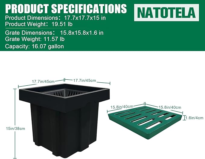 Catch Basin for Drainage with Fiber Glass Grate-18x18x15 in. Large Drainage Basin with Debris Basket,A15 French Drain Basin Without Reserved Hole for Yard,Downspout,Lawn,Municipal Pipeline