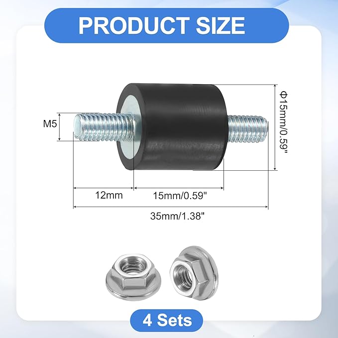 uxcell 4Pcs M5 x 12mm Rubber Mounts, 15 x 15mm Cylindrical Anti Vibration Isolator Studs Shock Absorber Double Studs with Nuts for Car Bobbin Generator Air Compressors