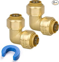 3/4" 90 Degree Elbow Pushfit, Push to Connect Brass Plumbing Fitting for Copper, CPVC, PEX Pipe, Brass Pex Fitting with Upgraded Stiffener, Disconnect Clip Included, NSF & UPC Certified, 2 Pack