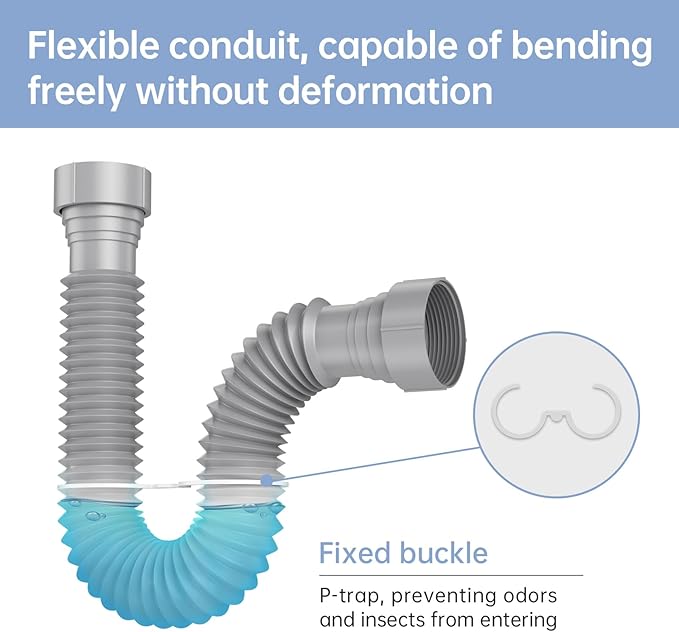 2 Packs Expandable Flexible P-Trap Pipe Kit (1 1/2" or 1 1/4") Single Kitchen Sink Drainage Solution Includes Adapter Seal Ring for Garbage Disposal - Gray