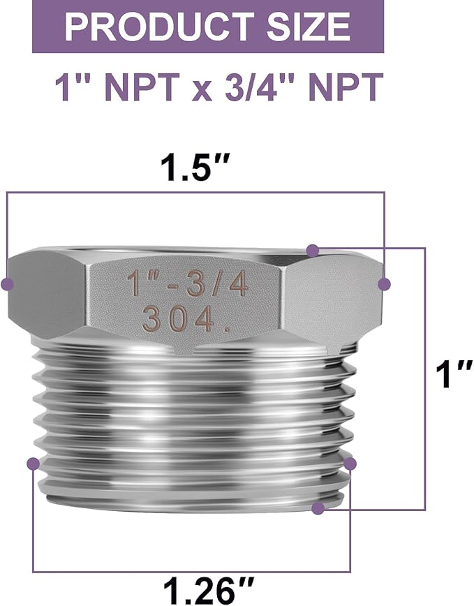 Jingzan 4 Pack 304 Stainless Steel Reducer Hex Bushing 1" Male NPT × 3/4" Female NPT Pipe Fitting Adapter with Seal Tape (1 MNPT × 3/4 FNPT)