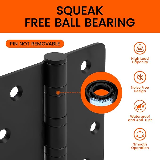 3Pack Haidms Black Door Hinges Heavy Duty Door Hinges Matte Black Ball Bearing Stainless Steel Hinges with 1/4" Radius Corner