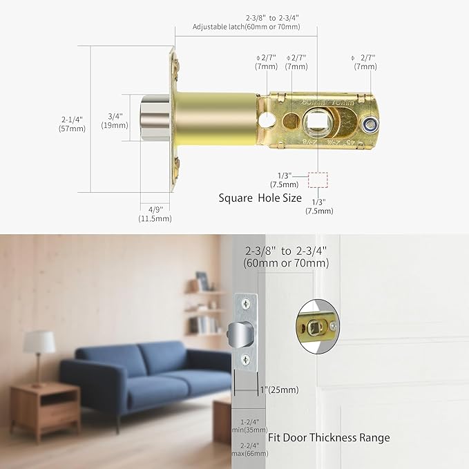 Entry Door Lock Latch Deadlatch Bolt deadbolt Latch Adjustable 2-3/8" or 2-3/4" Size 60/70mm Fit 45° Rotating Angle Door Lock and Lever Door (2, 45D)