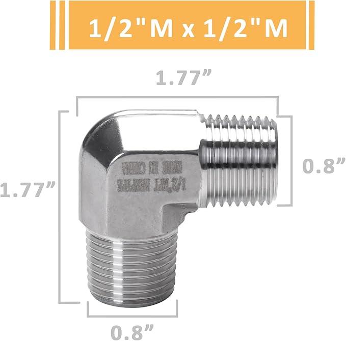 90 Degree Street Elbow - 1/2" NPT Male to 1/2" NPT Male Stainless Steel 304 Heavy Duty Forged Barstock Street Elbow Adapter Pipe Fitting (pack of 2)