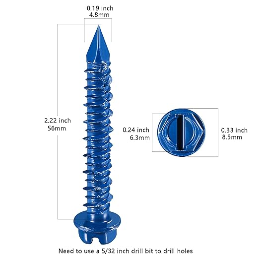 Wensilon(30 PCS) 3/16" * 2-1/4" Slotted Hex Concrete Screws Anchor Blue Hexagon Head for Anchoring to Masonry, Block or Brick Stucco