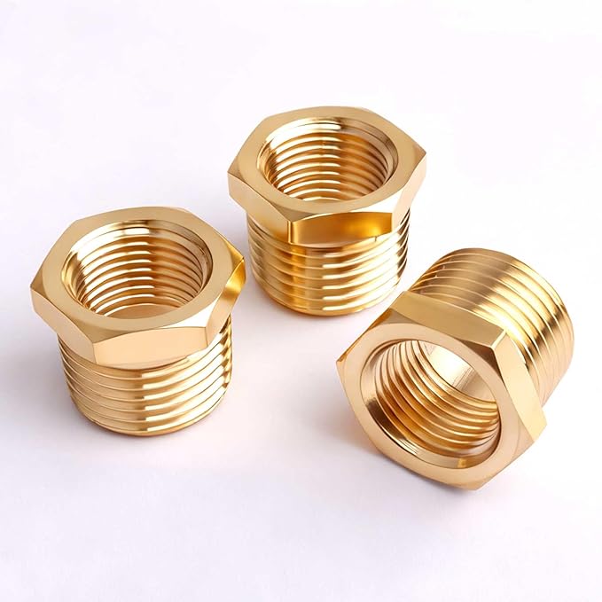 1/2" NPT Male to 3/8" NPT Female Brass Hex Bushing Reducing Bushing Pipe Fitting, Brass Fitting Reducer Adapter 3 Pack