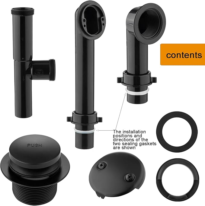 (1 Pack) Yariwiz 1-1/2" Matte Black Bathtub Tub Drain Kit Bath Waste Overflow Drain Tube Assembly with Touch-Toe Tub Drain Stopper and Overflow Faceplate Matte Black