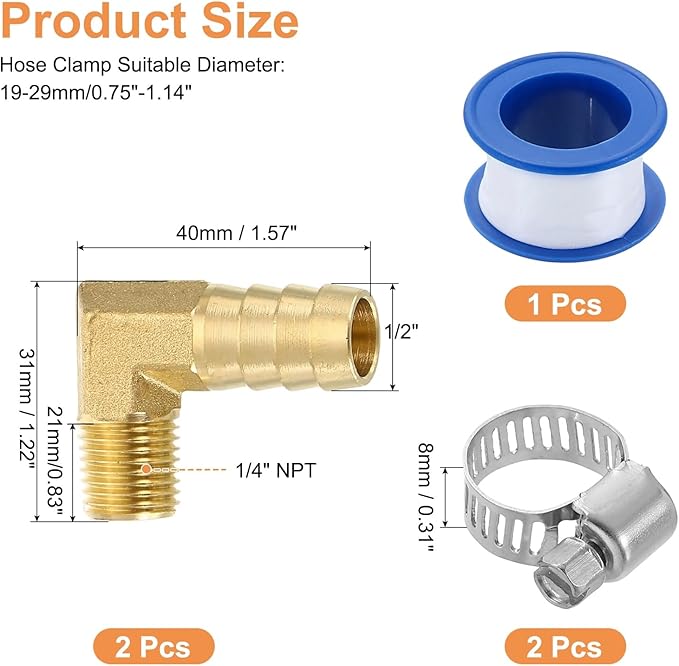 uxcell 2Pcs Brass Hose Barb Fittings, 1/2" x 1/4" NPT 90 Degree Elbow Hose Connector with Hose Clamps for Water Fuel Gas Oil Transportation