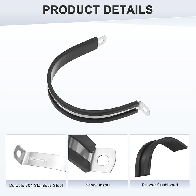 12-Pack Cable Clamps, 2-3/8 Inch/ 60 mm 304 Stainless Steel Rubber Cushioned Insulated Cable Clamp R Shape Metal Holder for Tube/Wire/Pipe/Loop Installation