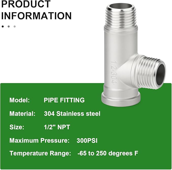 TAISHER 5PCS 304 Stainless Steel Tee Pipe Fittings, 1/2" NPT Female x 1/2" NPT Male x 1/2" NPT Male Extension Pipe Fittings, Female Run Tee